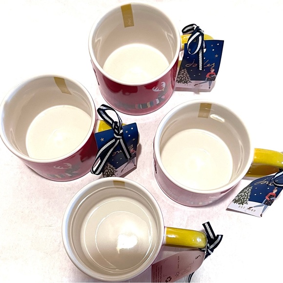 Four (4) JOULES Daschund Through The Snow Ceramic Mugs Red/White/Multi 12oz - Picture 8 of 13